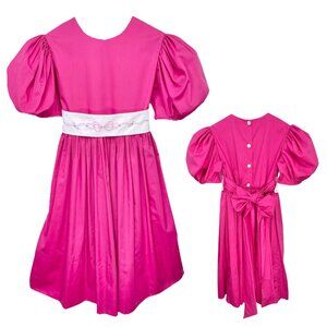 Vintage Custom Girls Magenta Puff Sleeve Embroidered Waist Heirloom Dress 8